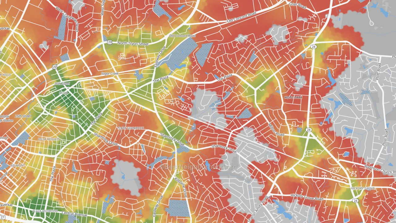 Walk Grade map of Shannon Park, Charlotte, NC, walkable areas in green and car-dependent areas in red