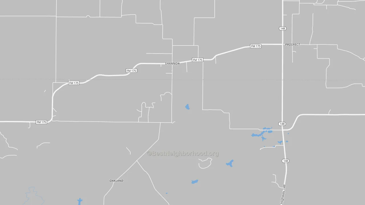 Walk Grade map of Shannon, TX, walkable areas in green and car-dependent areas in red