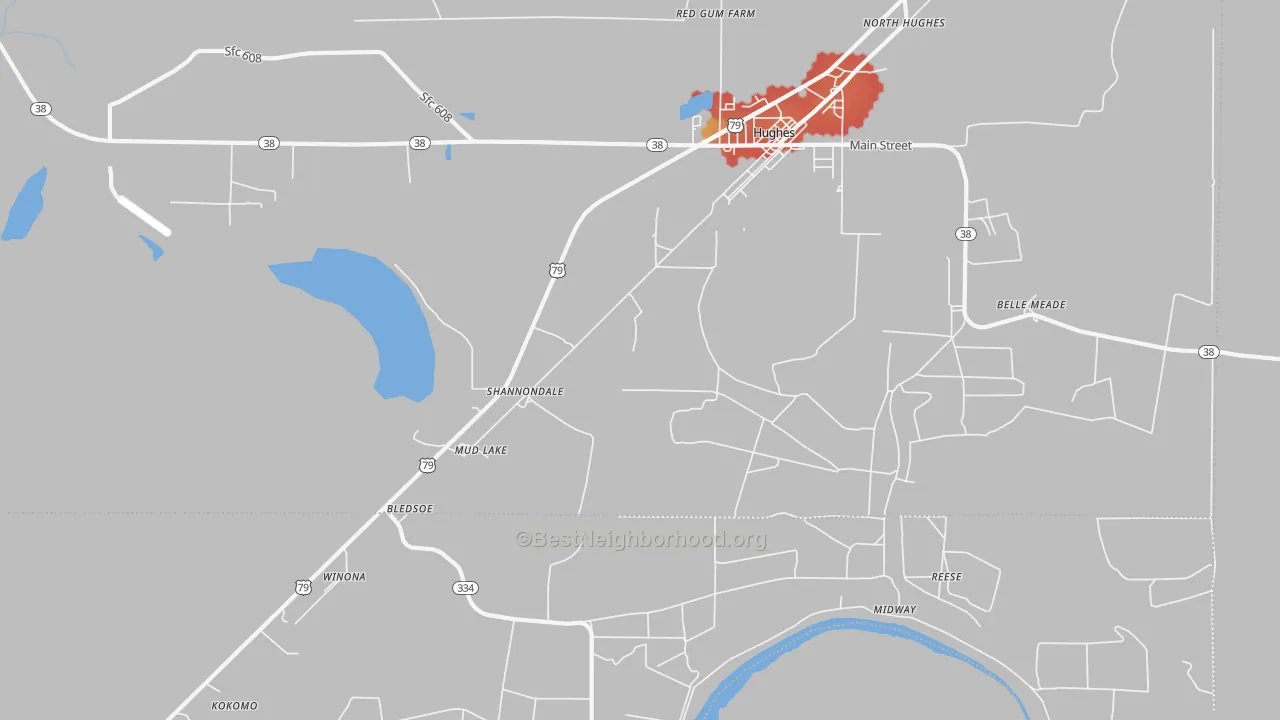 Walk Grade map of Shannondale, AR, walkable areas in green and car-dependent areas in red