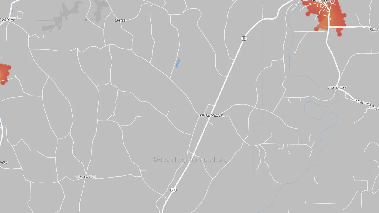 Walk Grade map of Shannondale, PA, walkable areas in green and car-dependent areas in red