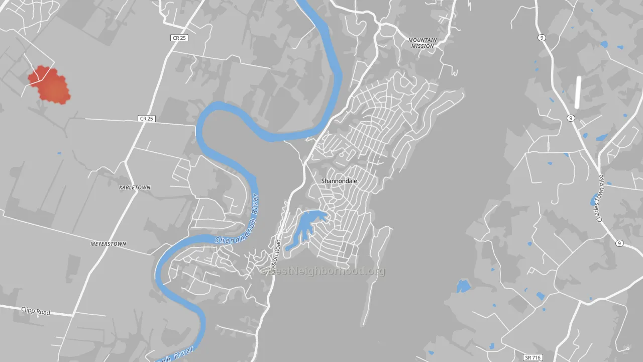 Walk Grade map of Shannondale, WV, walkable areas in green and car-dependent areas in red