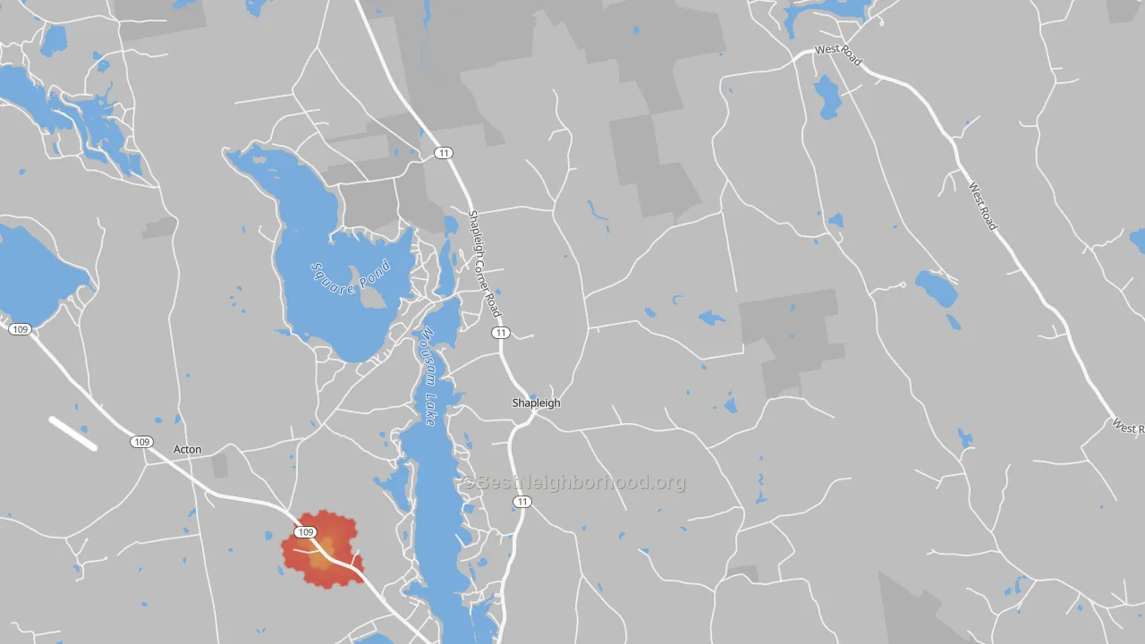 Walk Grade map of Shapleigh, ME, walkable areas in green and car-dependent areas in red