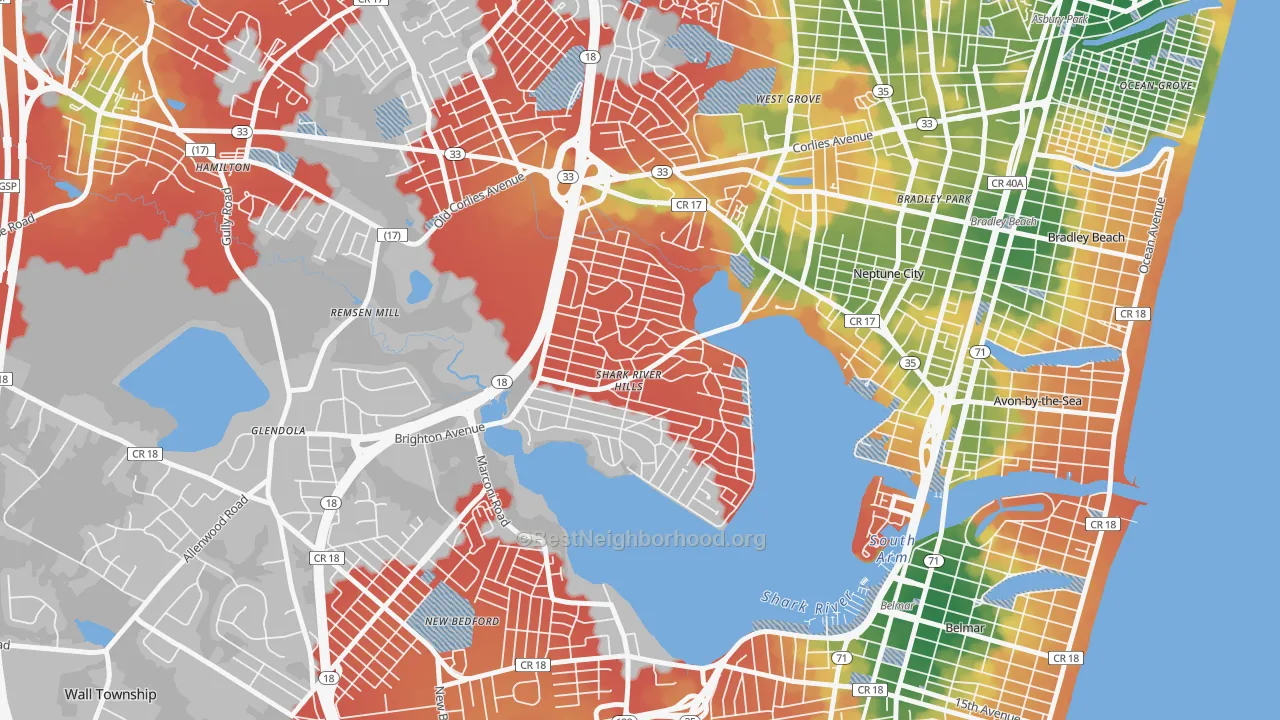 Walk Grade map of Shark River Hills, NJ, walkable areas in green and car-dependent areas in red