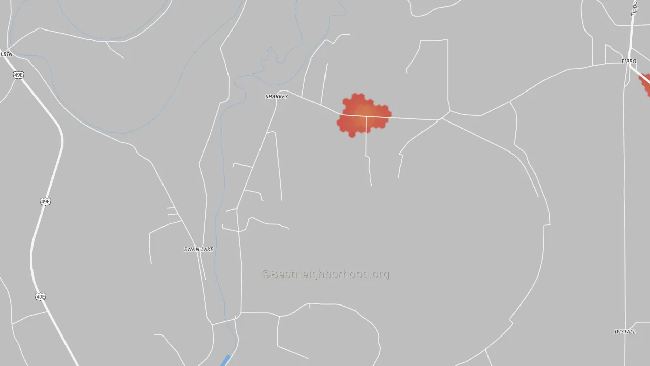 Walk Grade map of Sharkey, MS, walkable areas in green and car-dependent areas in red