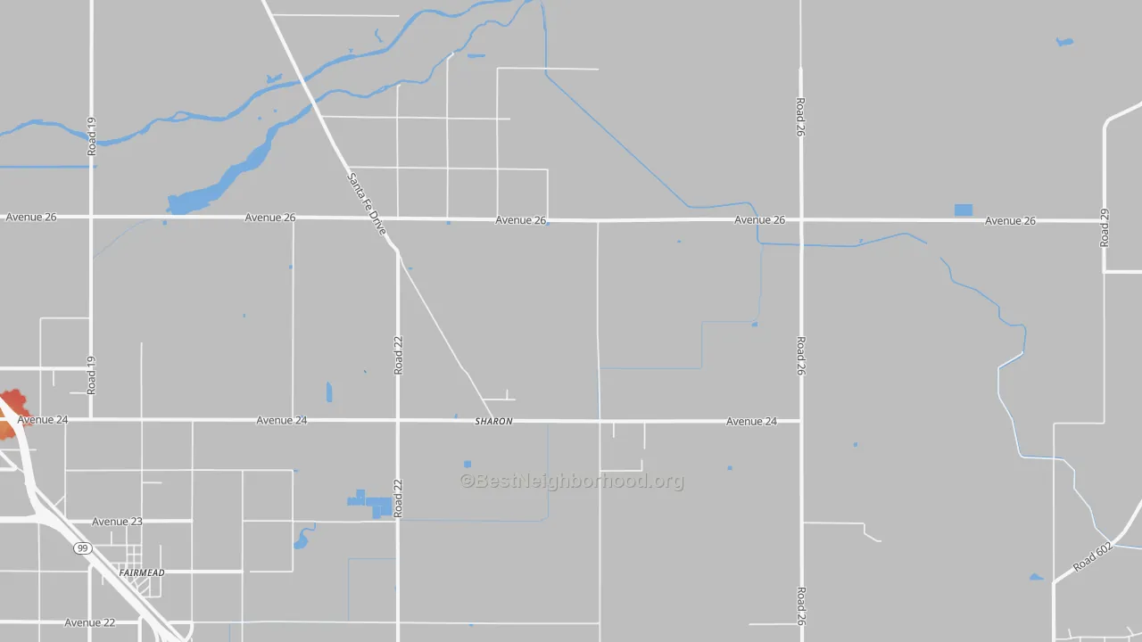 Walk Grade map of Sharon, CA, walkable areas in green and car-dependent areas in red