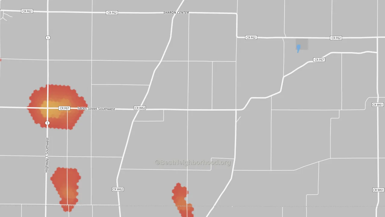 Walk Grade map of Sharon Center, IA, walkable areas in green and car-dependent areas in red
