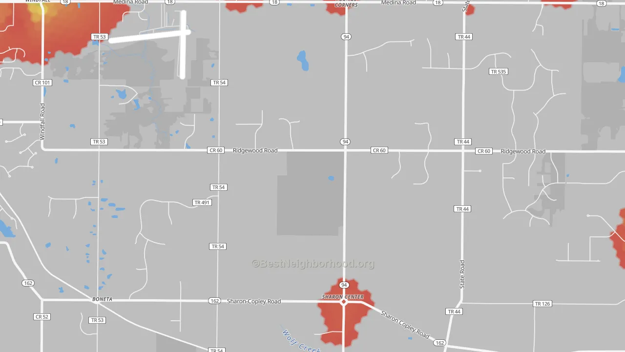 Walk Grade map of Sharon Center, OH, walkable areas in green and car-dependent areas in red