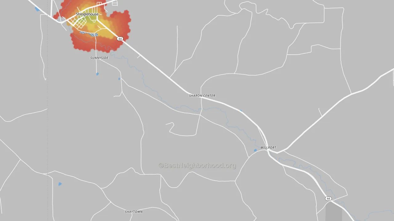 Walk Grade map of Sharon Center, PA, walkable areas in green and car-dependent areas in red