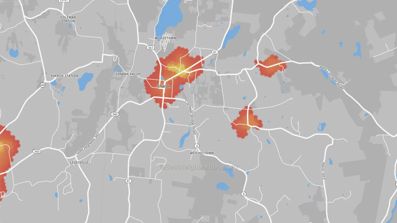 Walk Grade map of Sharon, CT, walkable areas in green and car-dependent areas in red
