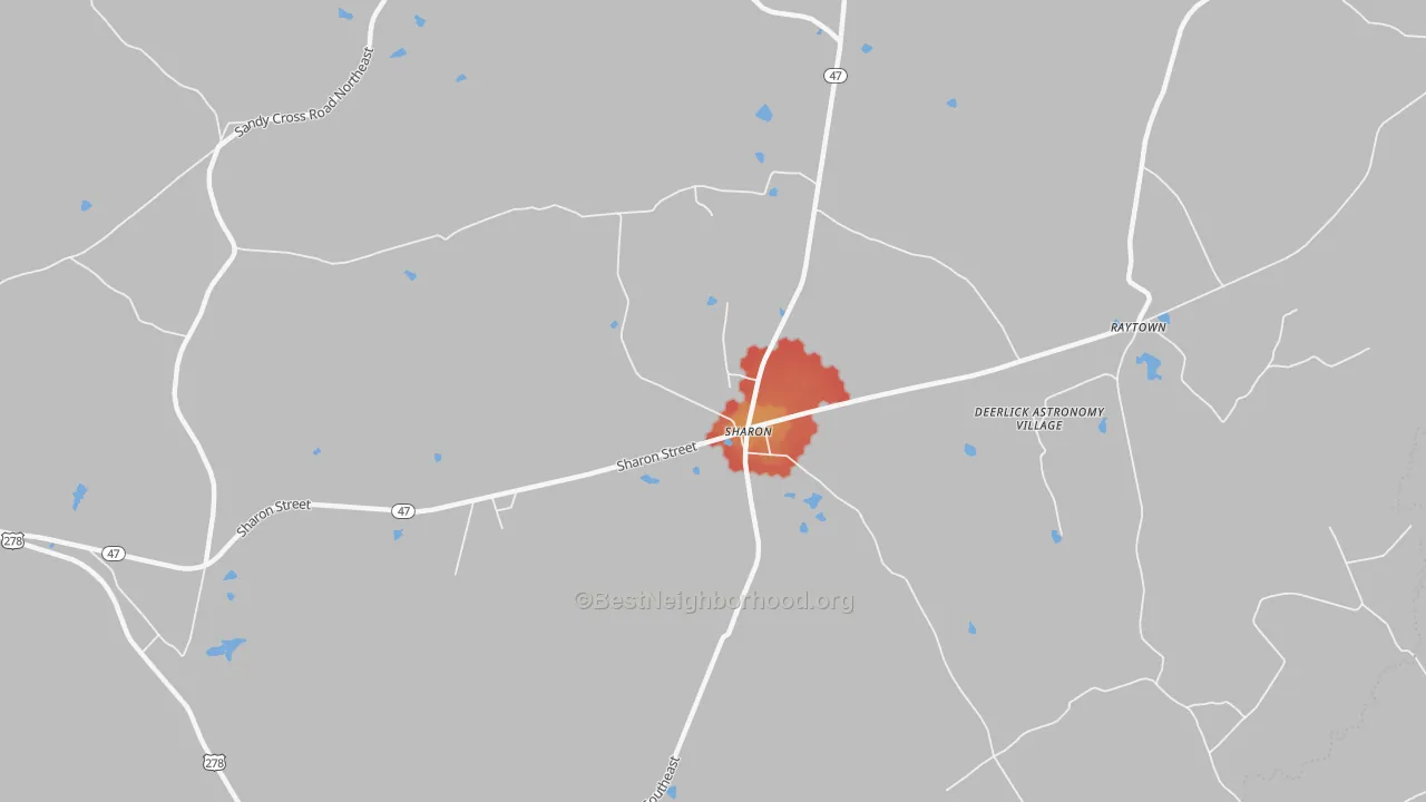 Walk Grade map of Sharon, GA, walkable areas in green and car-dependent areas in red