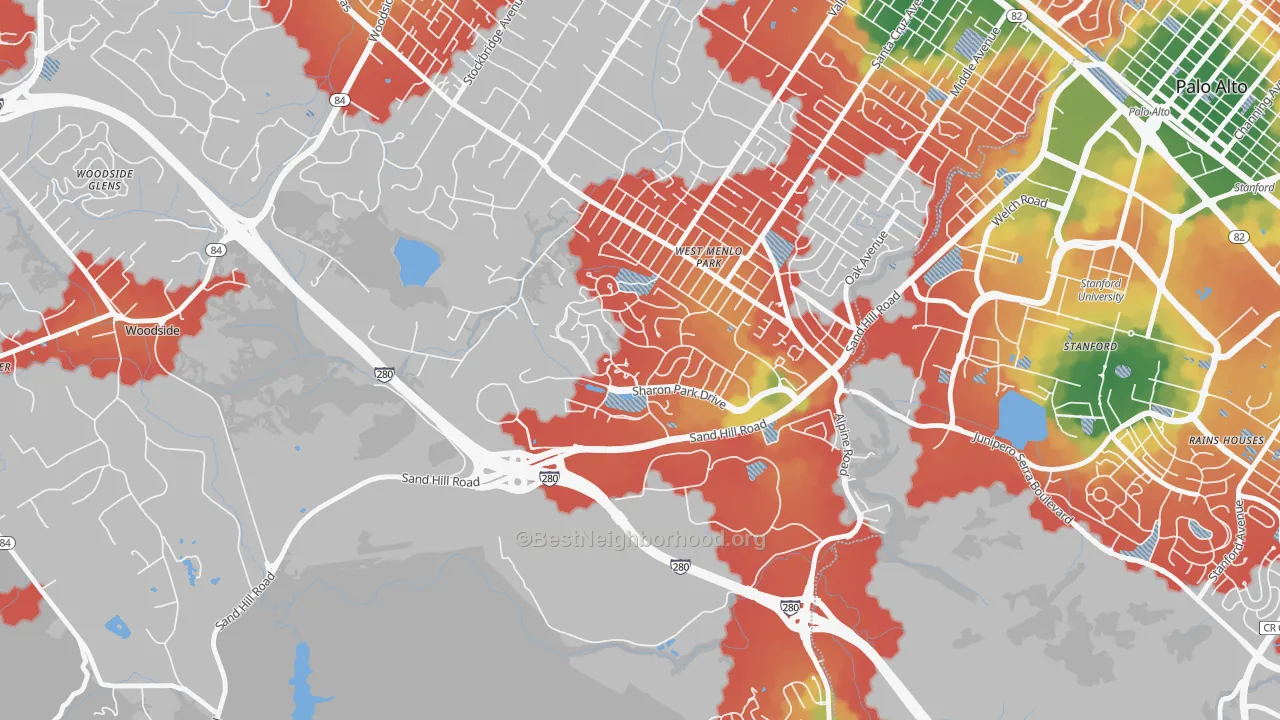 Walk Grade map of Sharon Heights, Menlo Park, CA, walkable areas in green and car-dependent areas in red