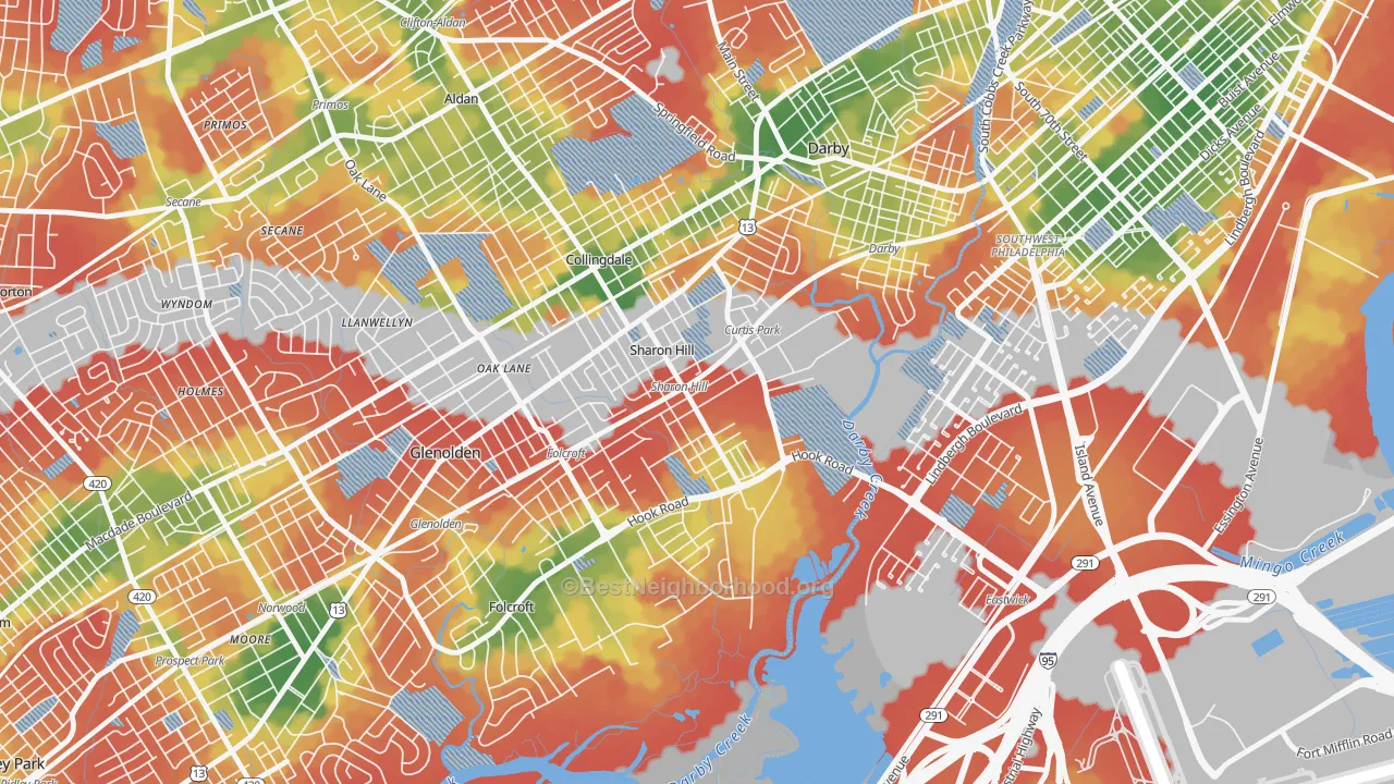 Walk Grade map of Sharon Hill, PA, walkable areas in green and car-dependent areas in red
