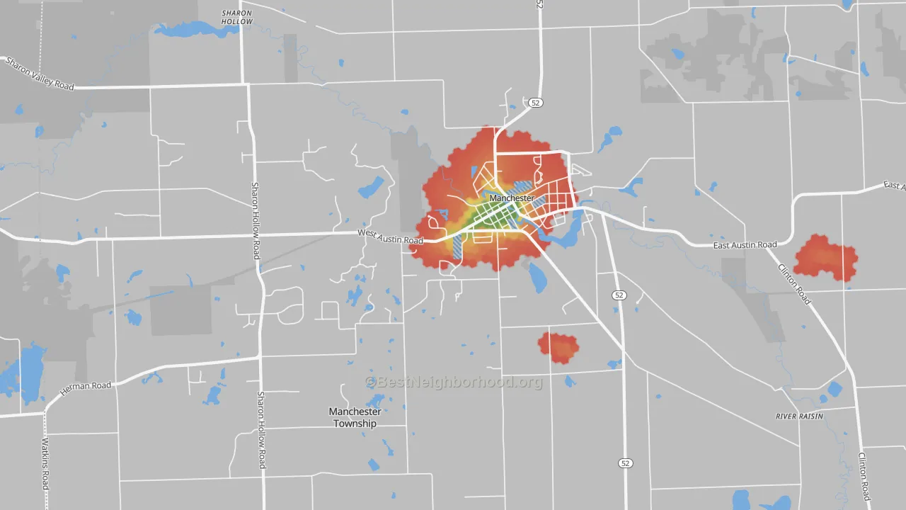 Walk Grade map of Sharon Hollow, MI, walkable areas in green and car-dependent areas in red