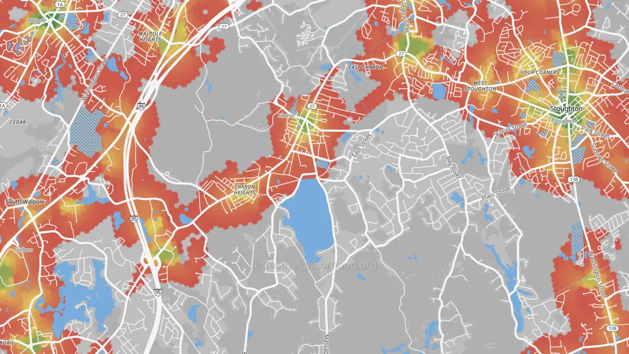 Walk Grade map of Sharon, MA, walkable areas in green and car-dependent areas in red