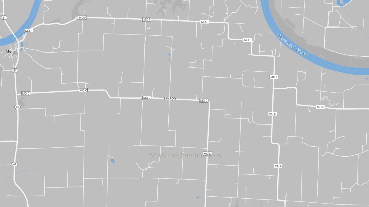 Walk Grade map of Sharon, MO, walkable areas in green and car-dependent areas in red