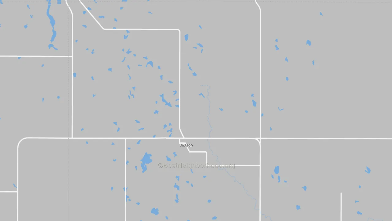 Walk Grade map of Sharon, ND, walkable areas in green and car-dependent areas in red