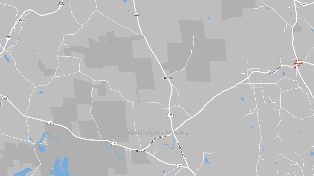 Walk Grade map of Sharon, NH, walkable areas in green and car-dependent areas in red