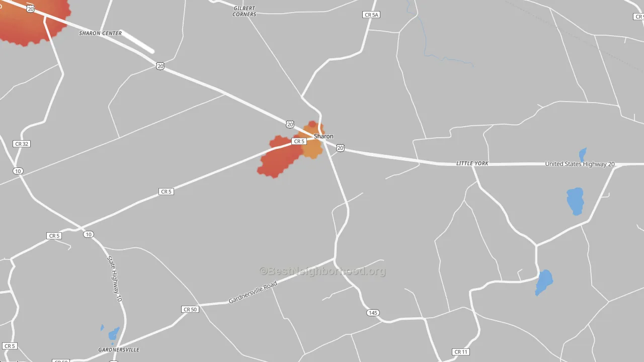 Walk Grade map of Sharon, NY, walkable areas in green and car-dependent areas in red