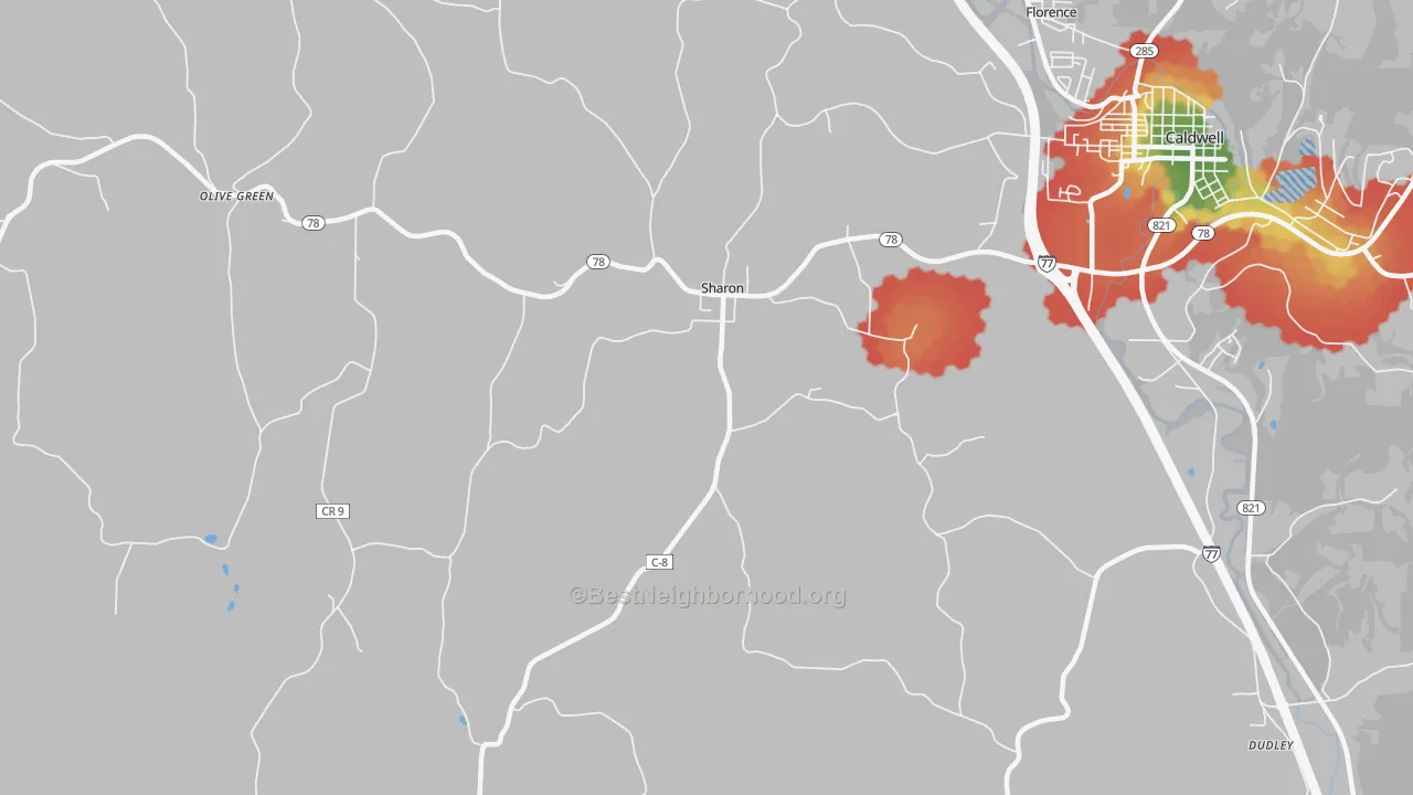 Walk Grade map of Sharon, OH, walkable areas in green and car-dependent areas in red