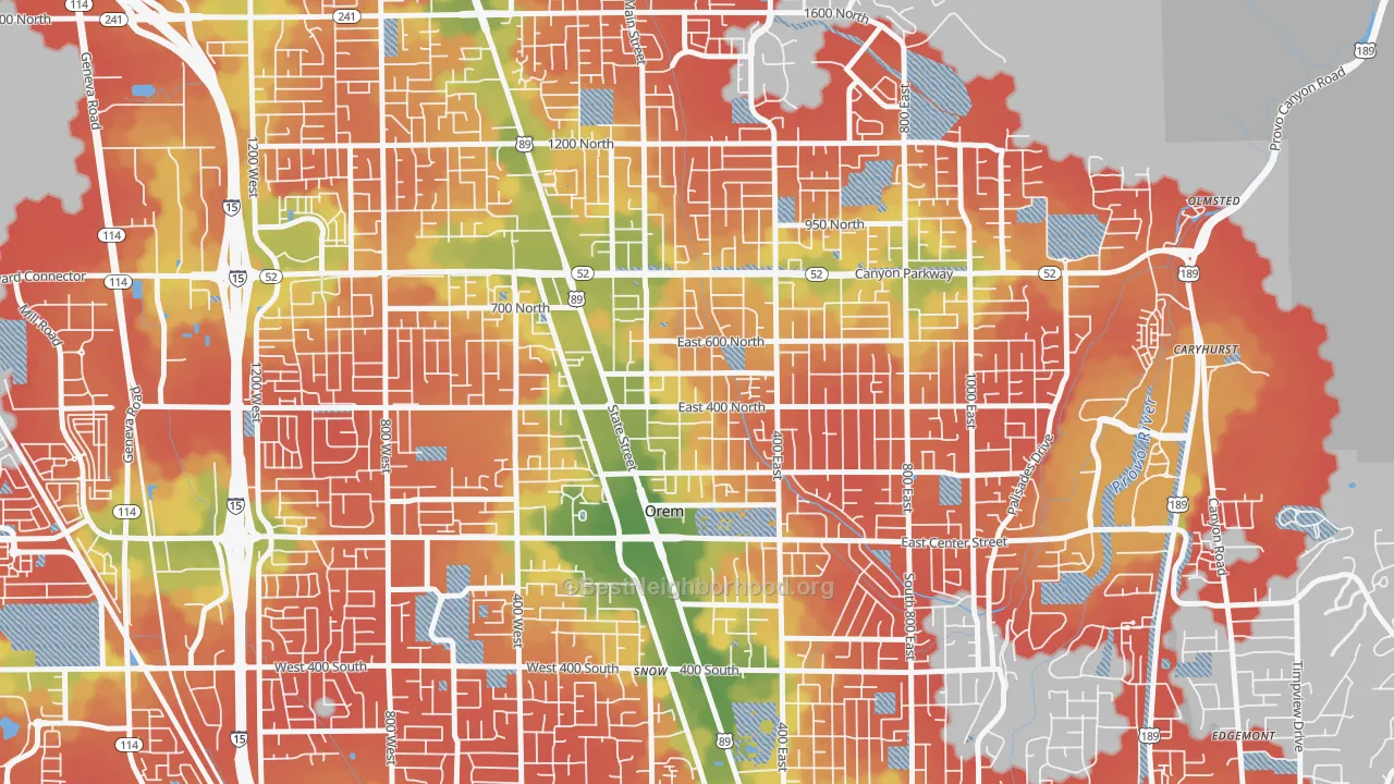 Walk Grade map of Sharon, Orem, UT, walkable areas in green and car-dependent areas in red