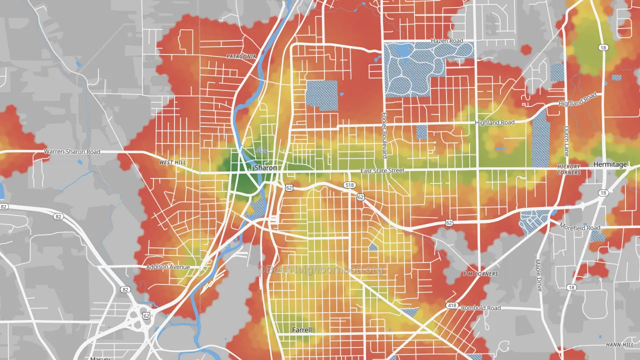 Walk Grade map of Sharon, PA, walkable areas in green and car-dependent areas in red