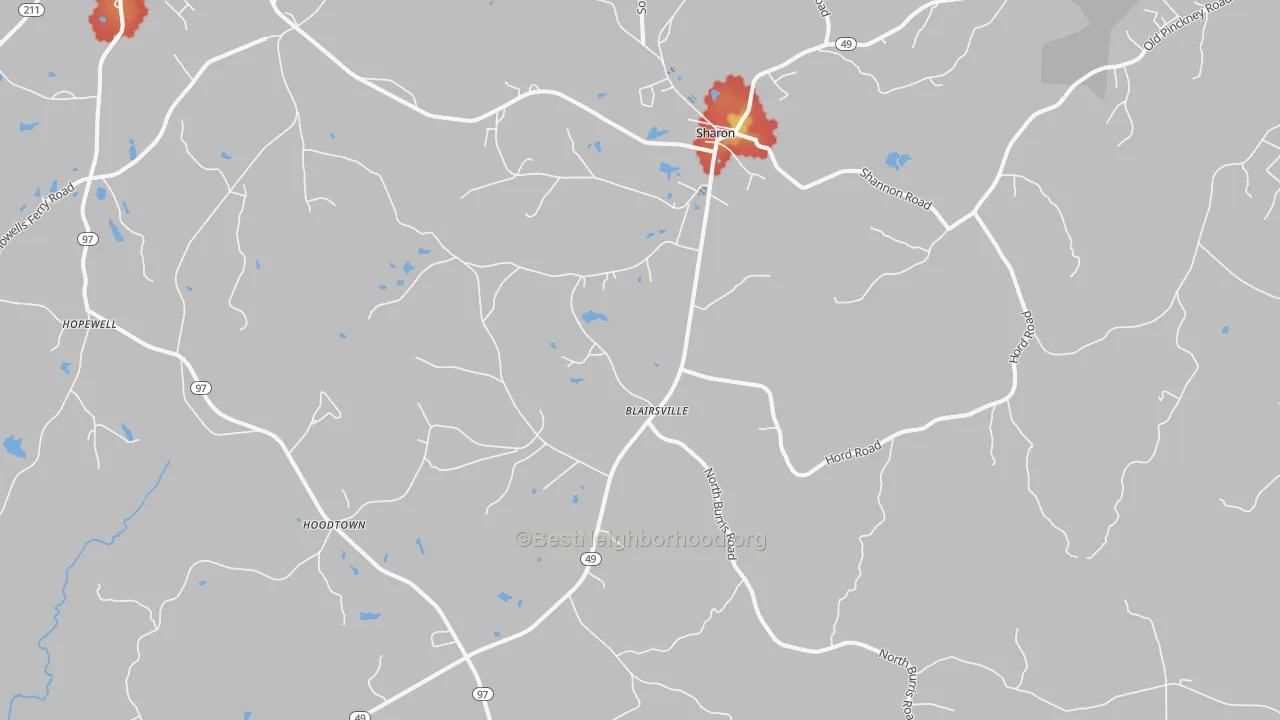 Walk Grade map of Sharon, SC, walkable areas in green and car-dependent areas in red