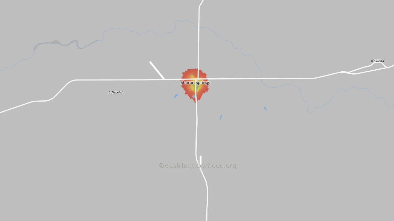 Walk Grade map of Sharon Springs, KS, walkable areas in green and car-dependent areas in red