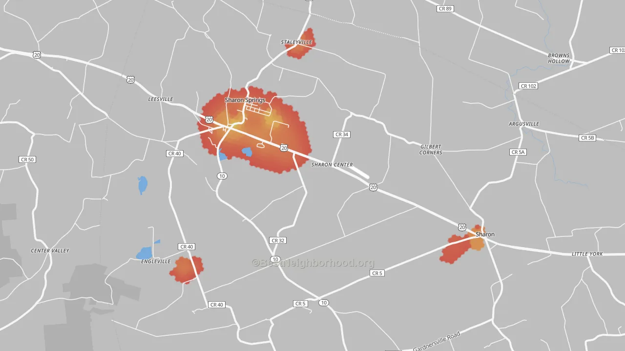 Walk Grade map of Sharon Springs, NY, walkable areas in green and car-dependent areas in red