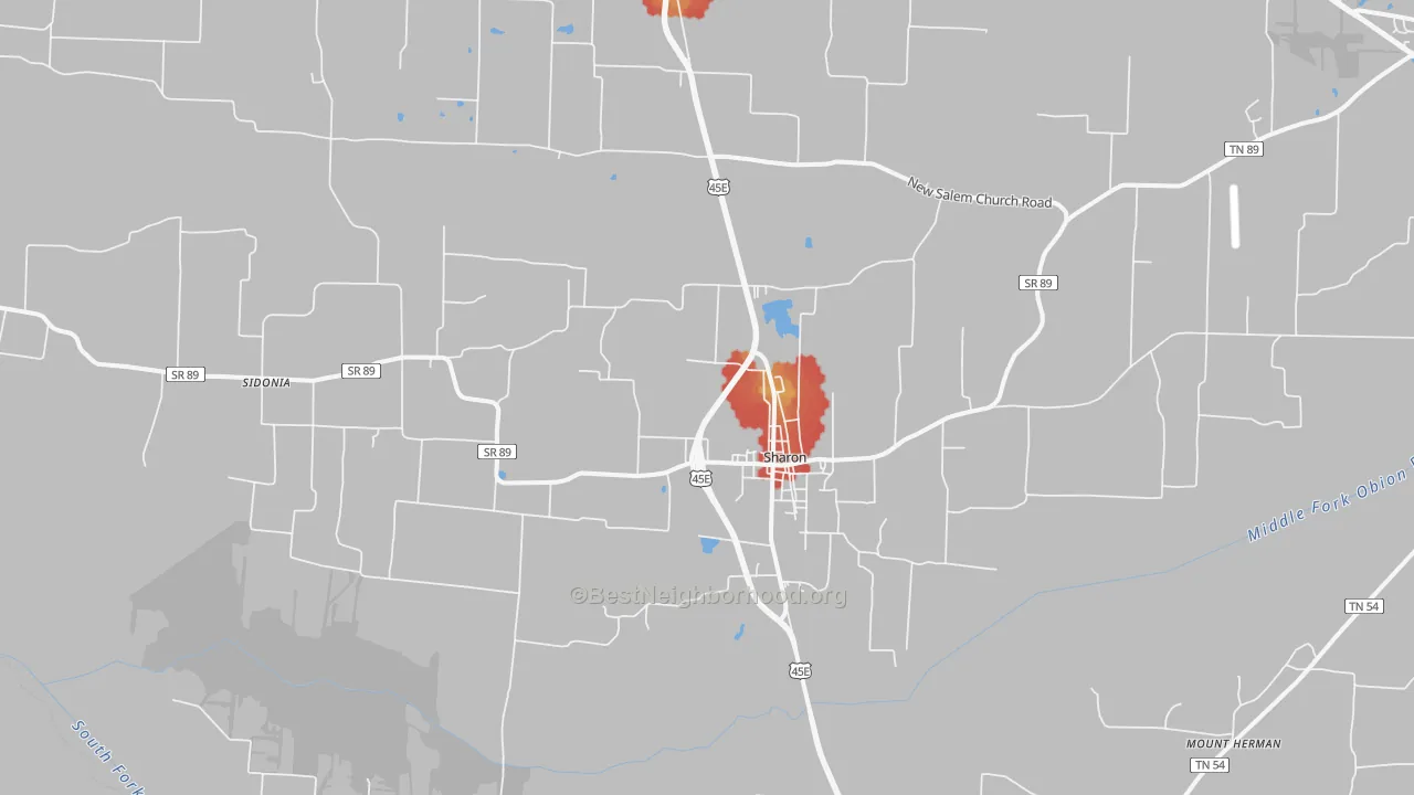 Walk Grade map of Sharon, TN, walkable areas in green and car-dependent areas in red