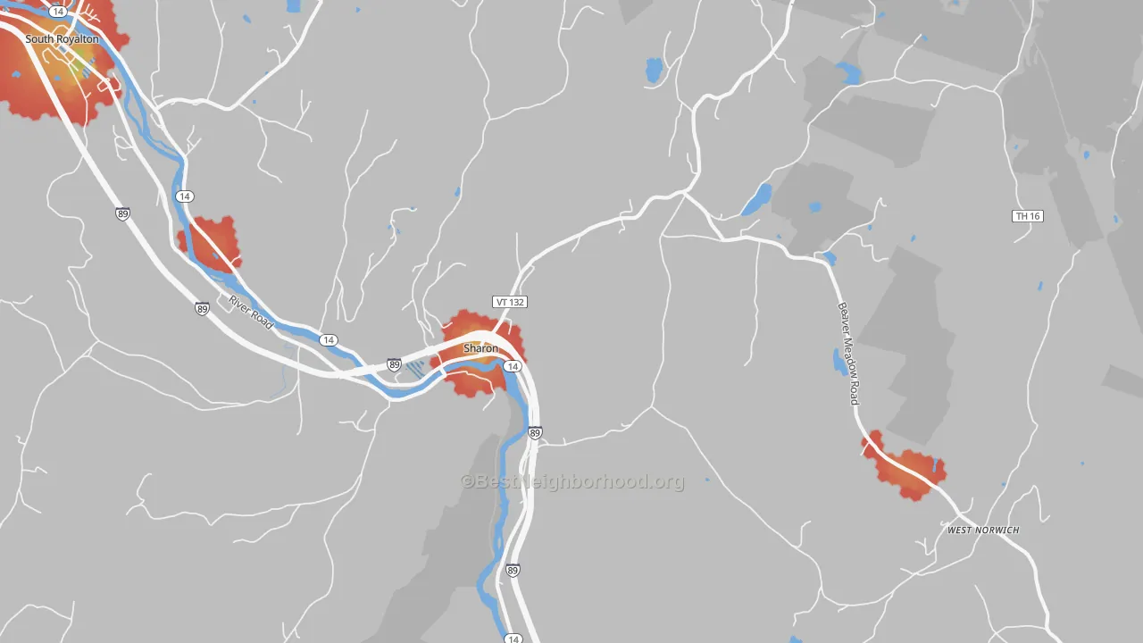 Walk Grade map of Sharon, VT, walkable areas in green and car-dependent areas in red