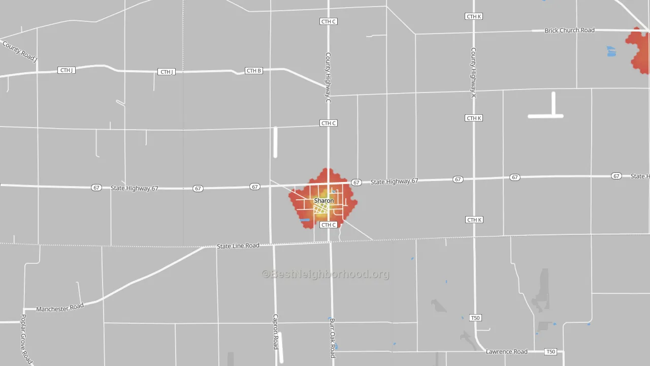 Walk Grade map of Sharon, WI, walkable areas in green and car-dependent areas in red