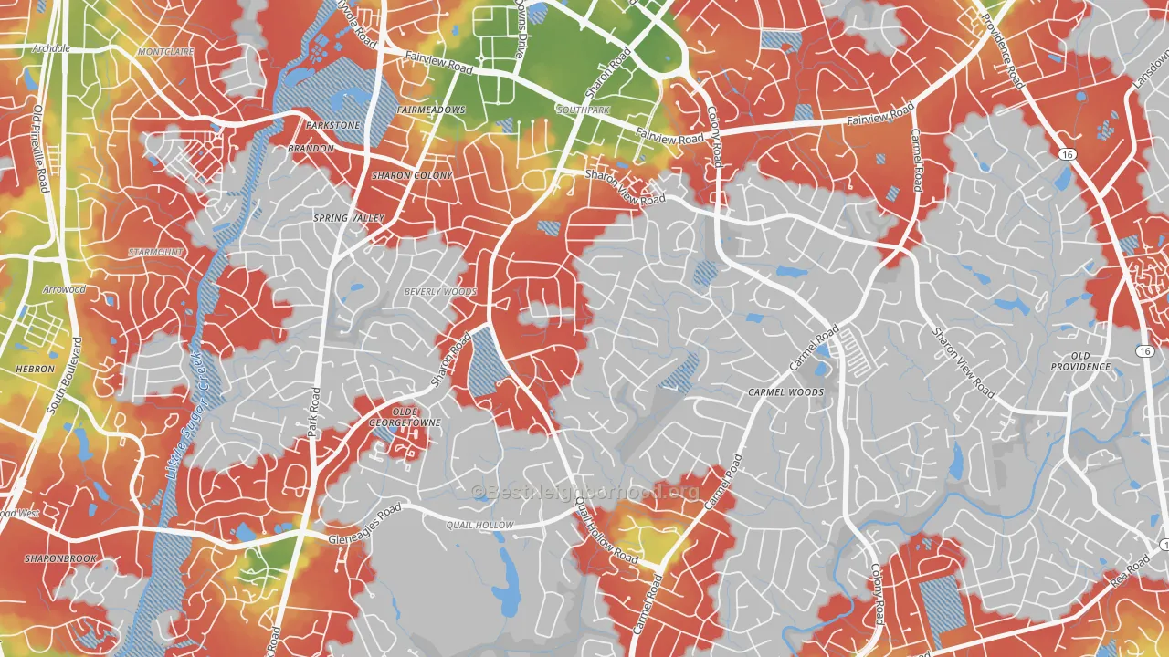 Walk Grade map of Sharon Woods, Charlotte, NC, walkable areas in green and car-dependent areas in red