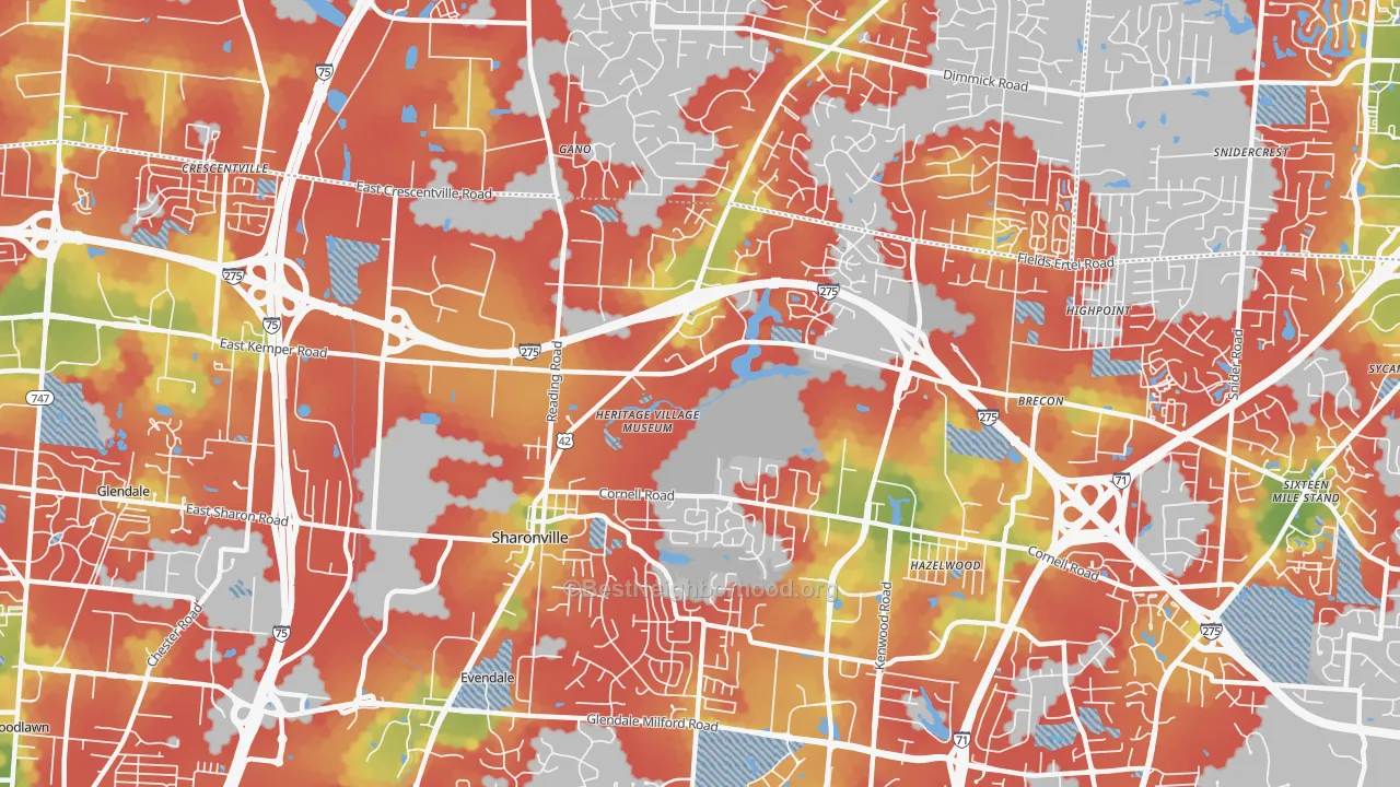 Walk Grade map of Sharonville, OH, walkable areas in green and car-dependent areas in red