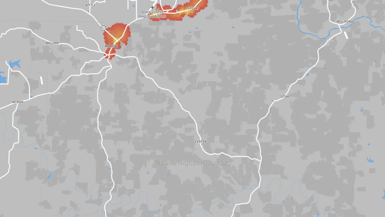 Walk Grade map of Sharp County, AR, walkable areas in green and car-dependent areas in red