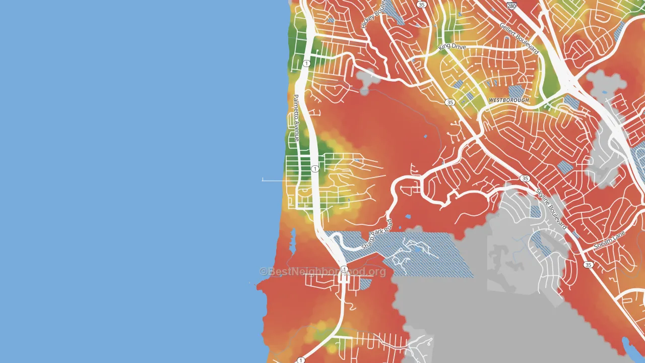 Walk Grade map of Sharp Park, Pacifica, CA, walkable areas in green and car-dependent areas in red