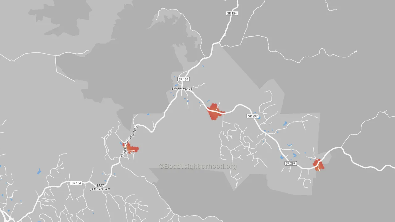 Walk Grade map of Sharp Place, TN, walkable areas in green and car-dependent areas in red
