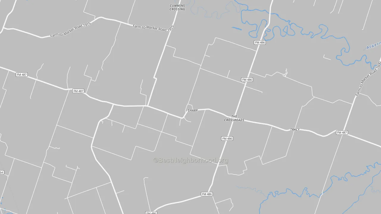 Walk Grade map of Sharp, TX, walkable areas in green and car-dependent areas in red