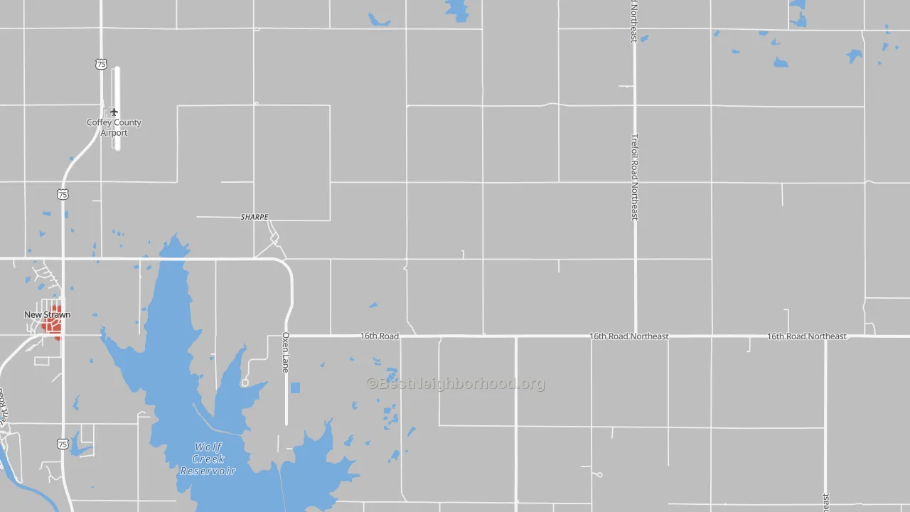 Walk Grade map of Sharpe, KS, walkable areas in green and car-dependent areas in red
