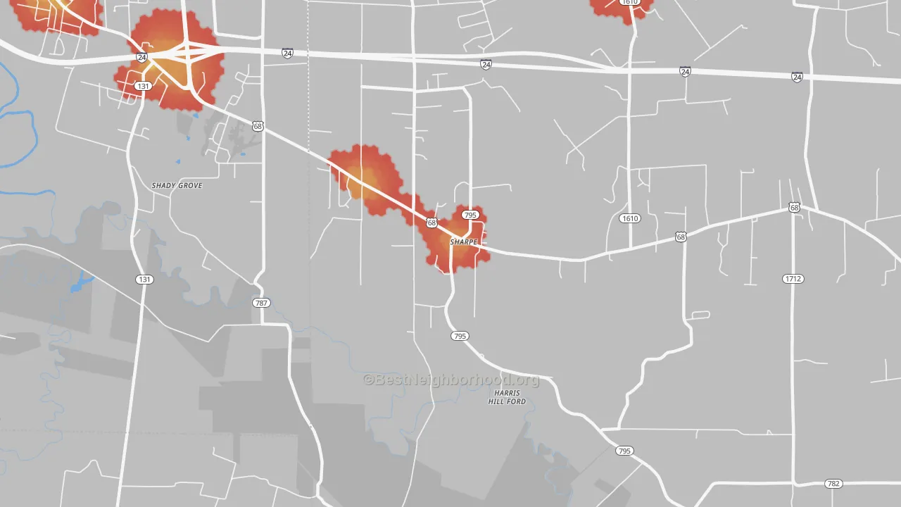 Walk Grade map of Sharpe, KY, walkable areas in green and car-dependent areas in red