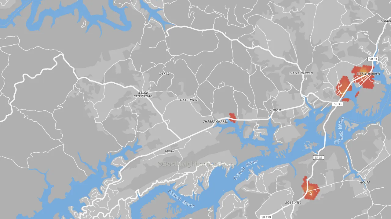 Walk Grade map of Sharps Chapel, TN, walkable areas in green and car-dependent areas in red