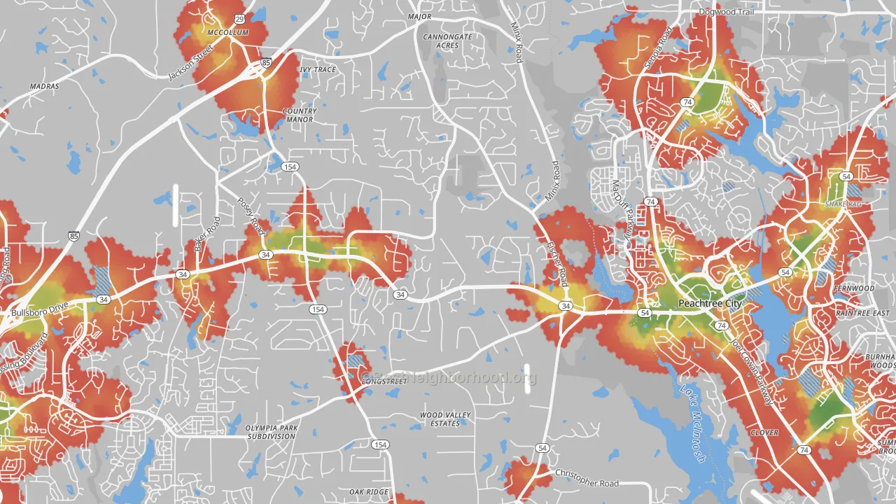 Walk Grade map of Sharpsburg, GA, walkable areas in green and car-dependent areas in red