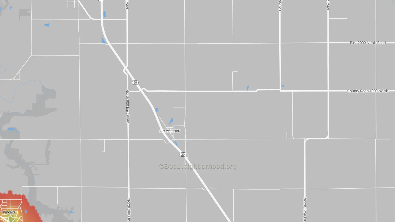 Walk Grade map of Sharpsburg, IL, walkable areas in green and car-dependent areas in red