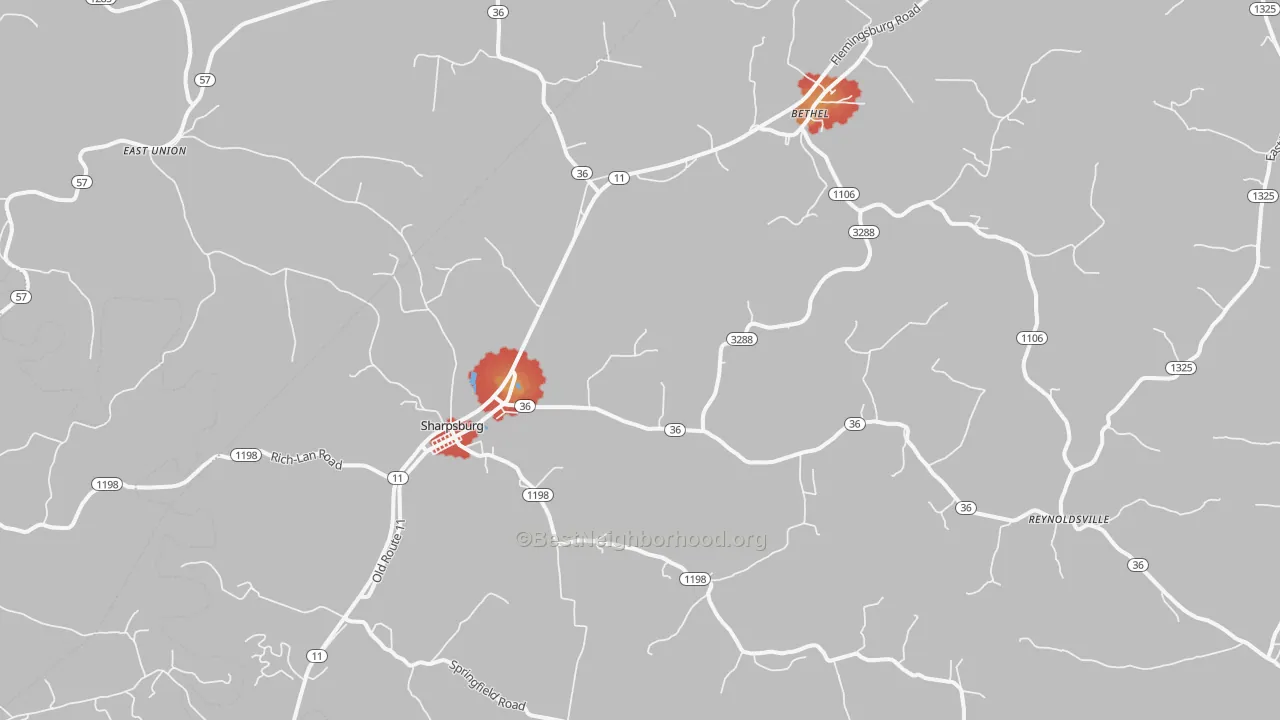 Walk Grade map of Sharpsburg, KY, walkable areas in green and car-dependent areas in red