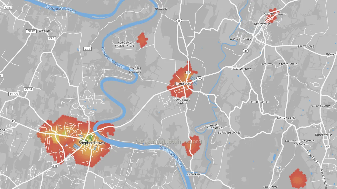 Walk Grade map of Sharpsburg, MD, walkable areas in green and car-dependent areas in red