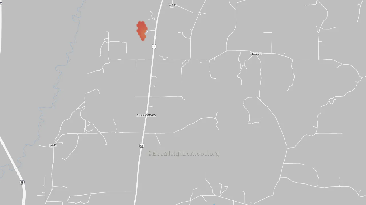 Walk Grade map of Sharpsburg, MS, walkable areas in green and car-dependent areas in red