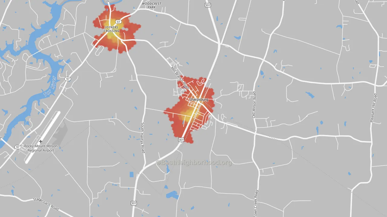 Walk Grade map of Sharpsburg, NC, walkable areas in green and car-dependent areas in red