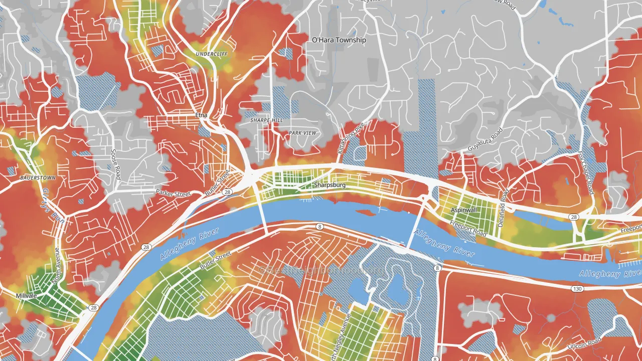 Walk Grade map of Sharpsburg, PA, walkable areas in green and car-dependent areas in red