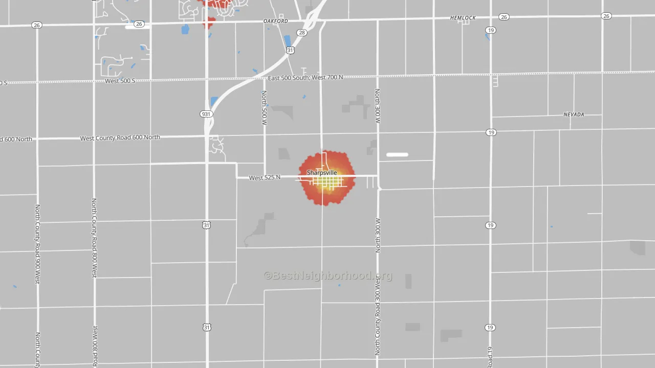 Walk Grade map of Sharpsville, IN, walkable areas in green and car-dependent areas in red