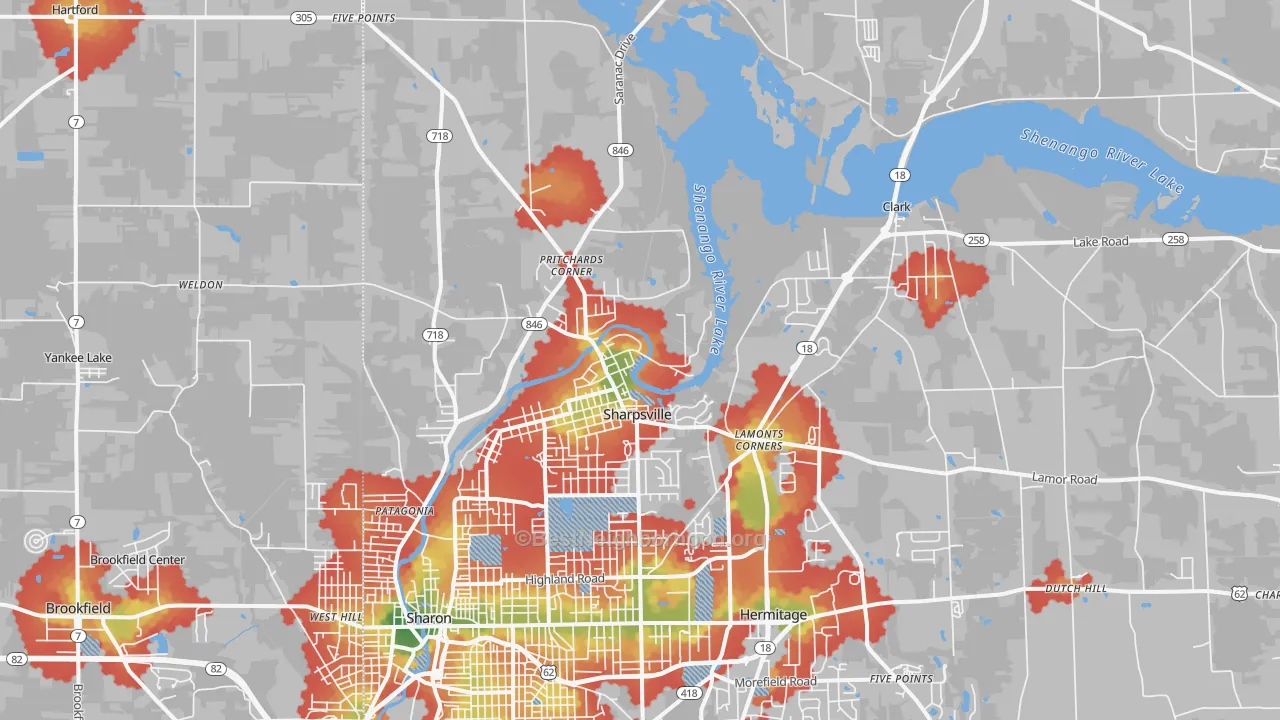 Walk Grade map of Sharpsville, PA, walkable areas in green and car-dependent areas in red