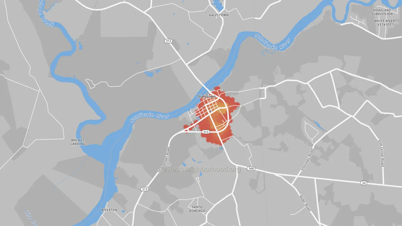 Walk Grade map of Sharptown, MD, walkable areas in green and car-dependent areas in red